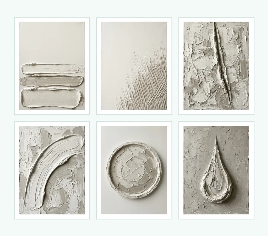 Six framed textured plaster art pieces in neutral tones, arranged in two rows of three.