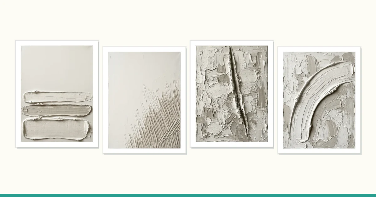 Four framed minimalist abstract artworks with thick textured plaster in neutral tones.