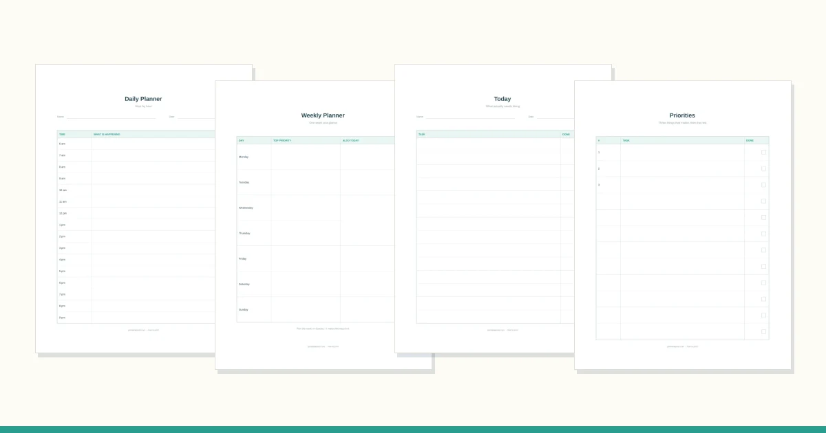 A weekly planner sheet with seven rows and a daily sheet underneath