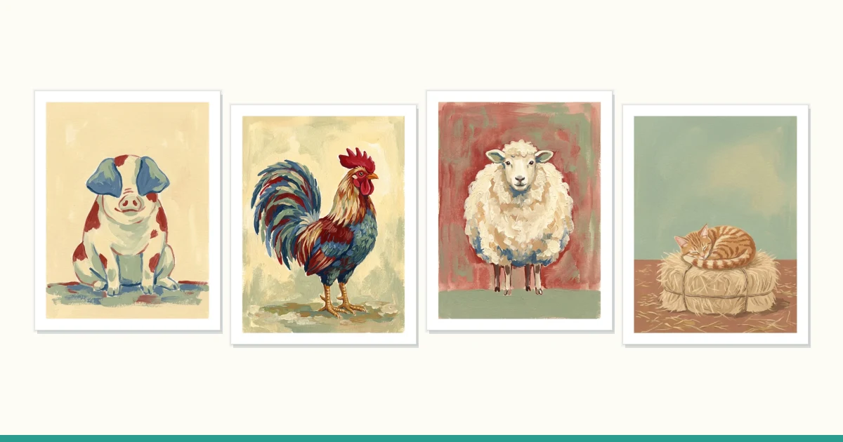 Four framed paintings of farm animals: a pig, a rooster, a sheep, and a cat sleeping on hay.
