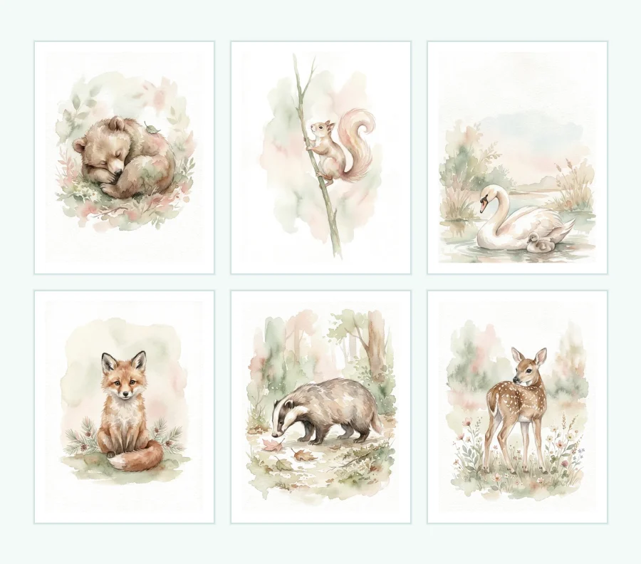 Six watercolor illustrations of woodland animals including a sleeping bear cub, squirrel, swan with cygnets, fox, badger, and fawn.