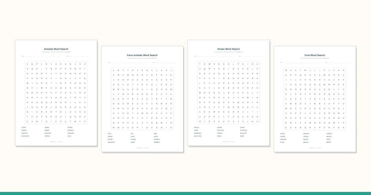 A word search grid with a teal highlighter stroke through one hidden word