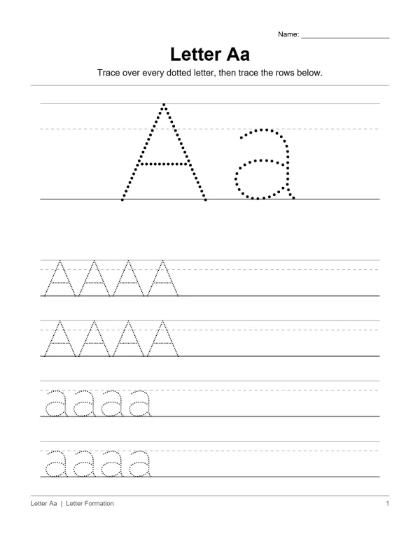 Worksheet for tracing the letter A, showing dotted uppercase A and lowercase a, followed by rows of dotted As and as.
