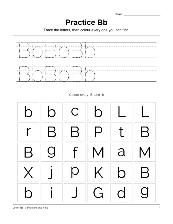 A worksheet for practicing the letter B, with lines for tracing and a grid of letters to find and color.