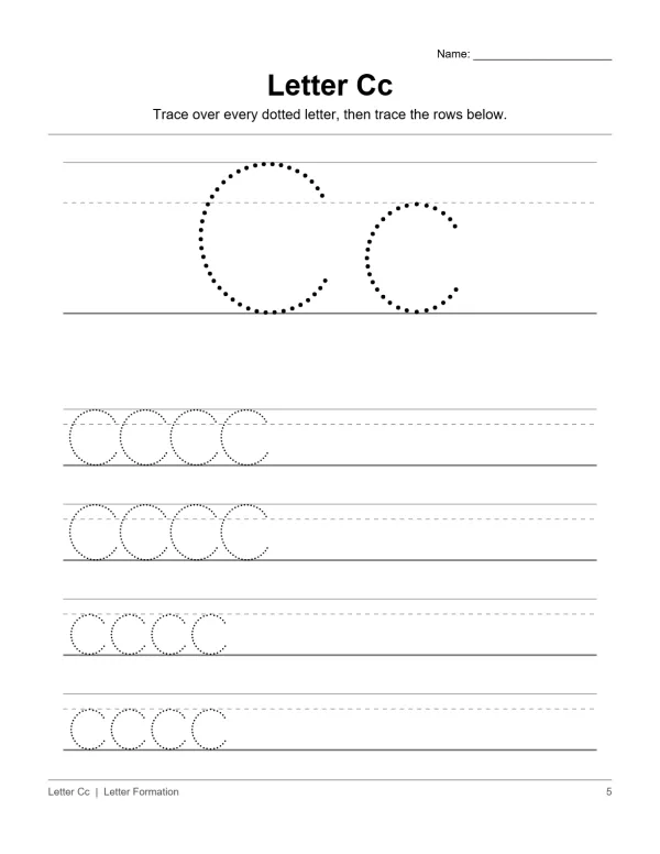 Uppercase and lowercase letter C dotted outline for tracing, followed by rows of dotted lowercase c for practice.