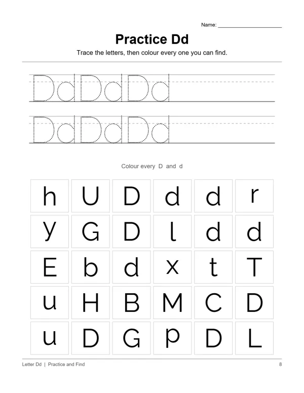 Worksheet with dotted uppercase and lowercase D for tracing and a grid of letters to find the Ds.