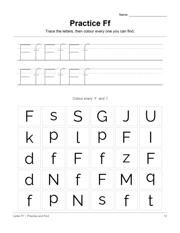 Worksheet shows dotted uppercase and lowercase Fs to trace, followed by a grid of letters to find and color.