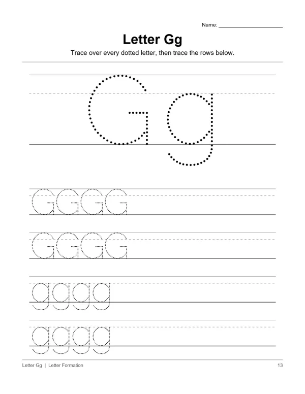 Tracing worksheet for the letter G, showing uppercase G and lowercase g dotted for tracing.