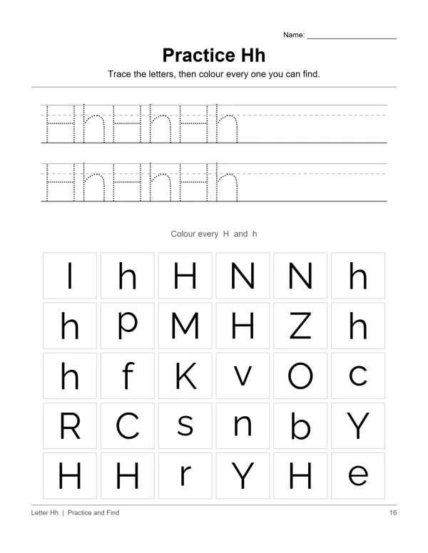 Tracing practice for uppercase and lowercase H, followed by a grid of letters to find and color.