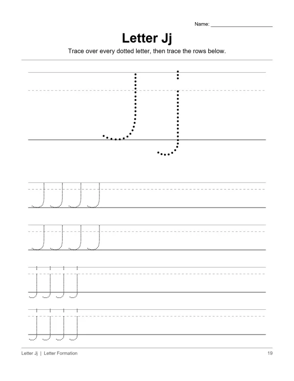 Worksheet with dotted uppercase and lowercase letter J for tracing practice, followed by rows of dotted letters to trace.