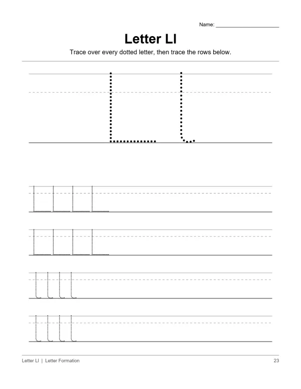 Worksheet for tracing the capital letter L with dotted lines and rows for practice.