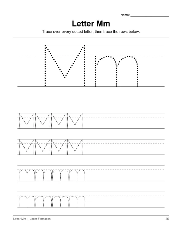 Worksheet for tracing the letter M with dotted uppercase and lowercase letters to trace.