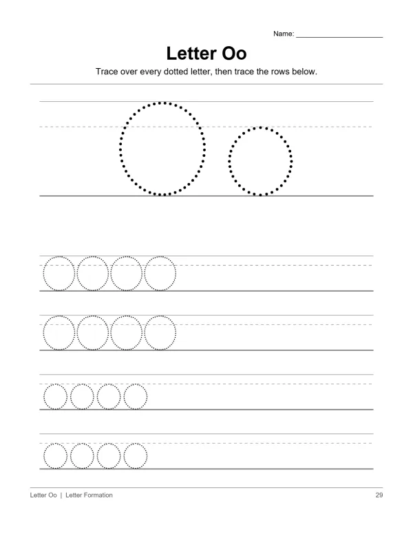 Uppercase and lowercase letter O dotted outlines for tracing, followed by rows of dotted letters.