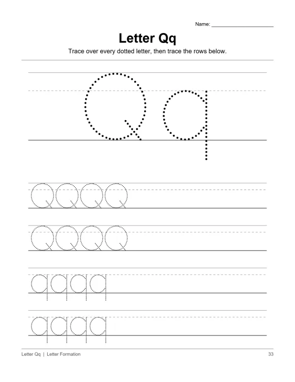 Uppercase and lowercase letter Q dotted for tracing, with rows of dotted letters below.