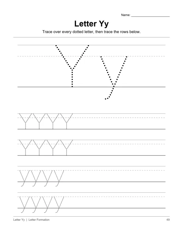 Traceable uppercase and lowercase letter Y dotted lines for handwriting practice.