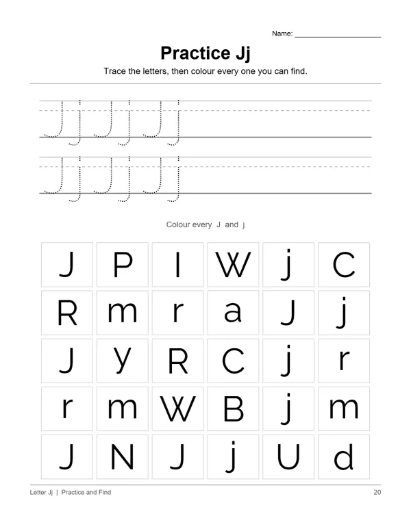 A worksheet for practicing the letter Jj with tracing lines and a letter find grid.