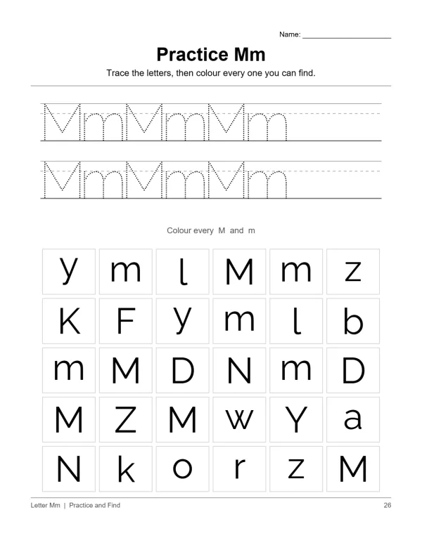 Worksheet page with dotted letter M for tracing and a grid of letters to find and color.