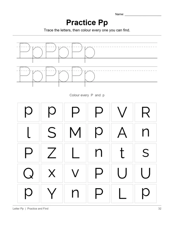 Tracing lines and a grid of letters for practicing the letter P, uppercase and lowercase.
