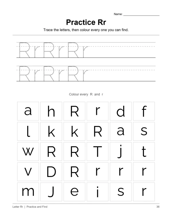 Worksheet with dotted uppercase and lowercase R's to trace, followed by a grid of letters to find and color.