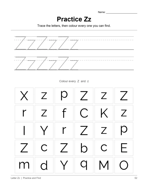 Worksheet page with dotted uppercase and lowercase Z for tracing and a grid of letters to find Z.