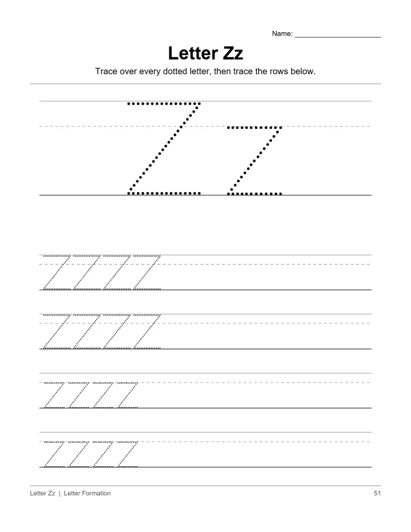 Tracing worksheet with dotted uppercase and lowercase letter Z followed by rows of dotted Zs to trace.