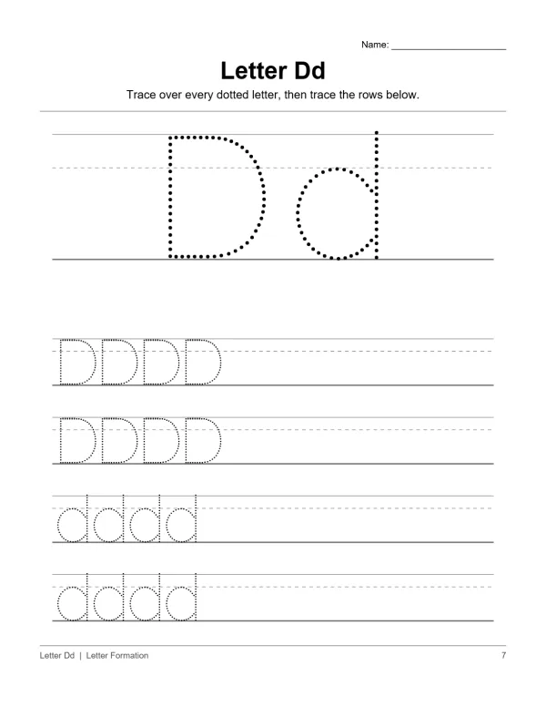Worksheet showing dotted uppercase and lowercase letter D for tracing and rows of letters to trace.