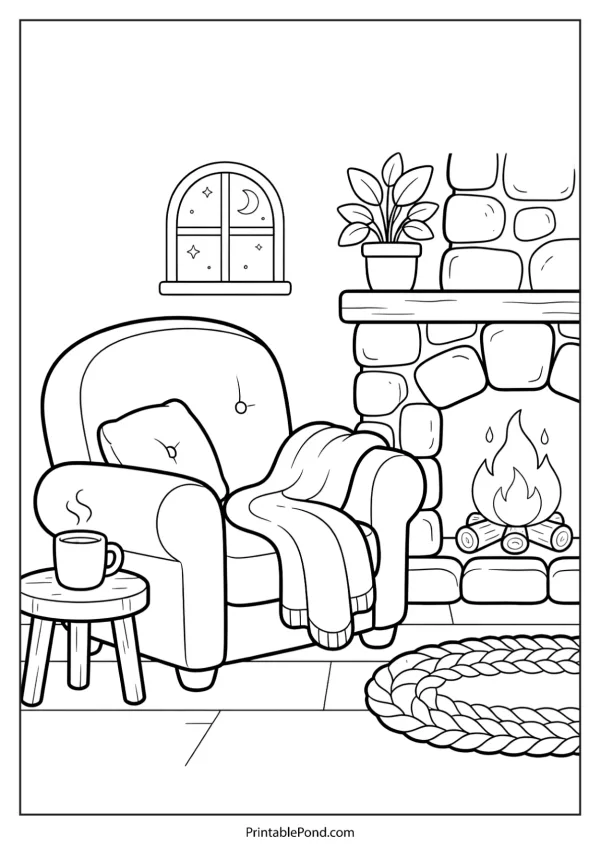 Line drawing of a comfortable armchair next to a stone fireplace with a burning fire.