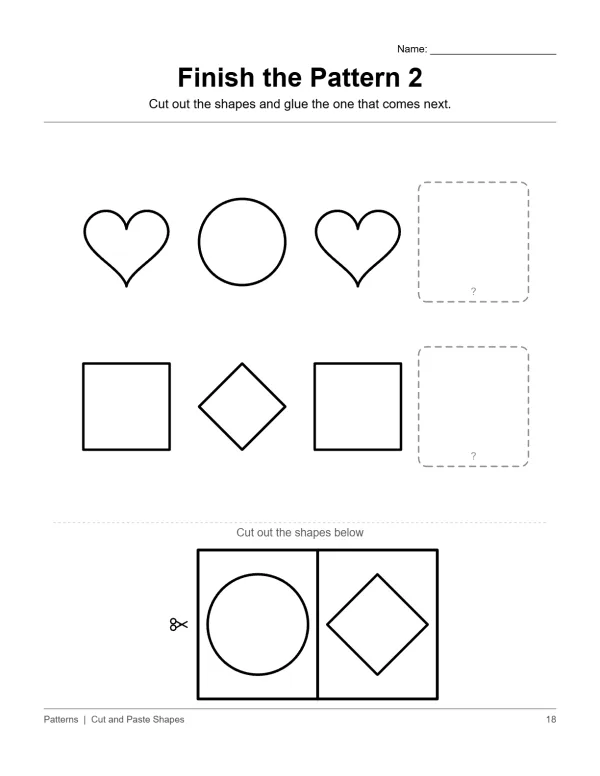 Coloring page with rows of shapes to finish patterns, with shapes to cut out below.
