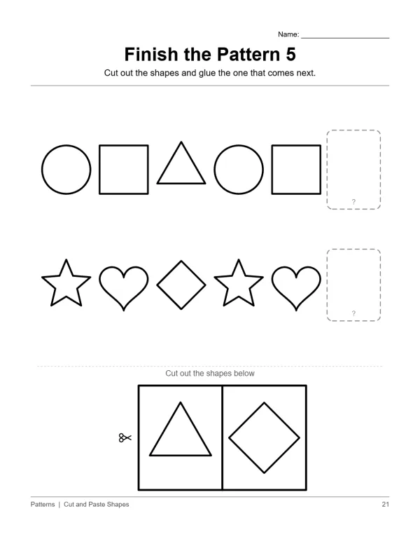 Cut and paste worksheet with rows of shapes and dotted boxes for continuation.