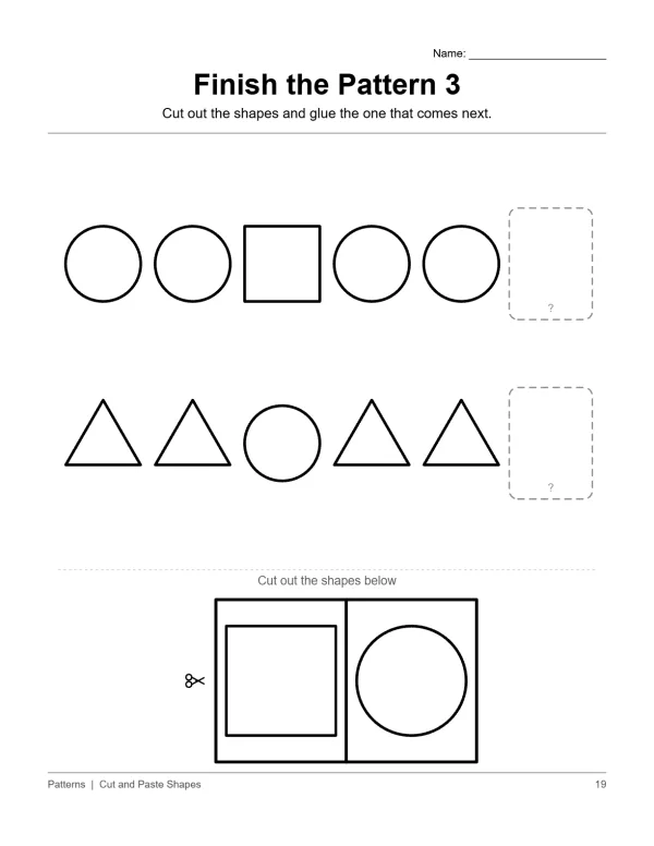 Worksheet with two rows of shapes to identify the next shape in the pattern.