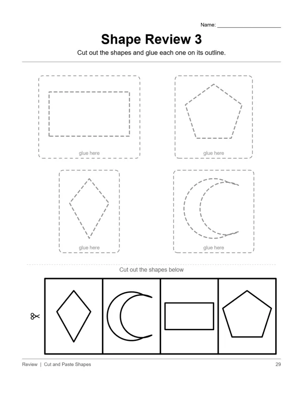 A worksheet showing four dashed outlines of shapes to glue onto, with cut-out shapes below.