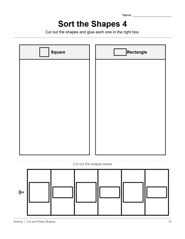 Worksheet with two columns labeled Square and Rectangle, and shapes to cut out below.
