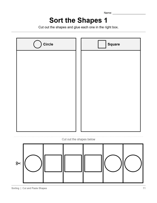 A worksheet with two boxes labeled 'Circle' and 'Square' and cut-out shapes below to sort.