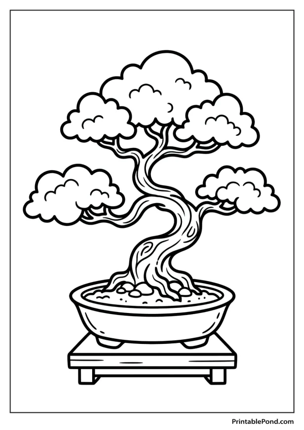 A stylized illustration of a bonsai tree in a pot on a stand, ready to be colored.