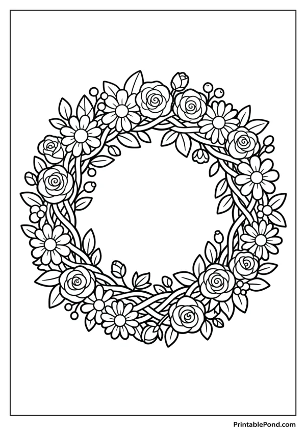 A circular floral wreath made of roses, daisies, leaves, and berries, ready for coloring.