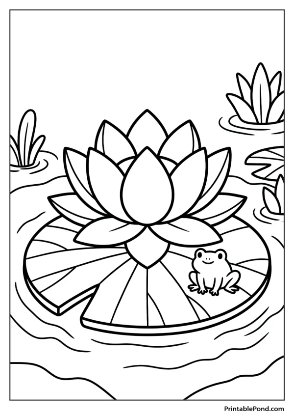 A cute frog sits on a large lotus leaf in the water next to a blooming lotus flower.