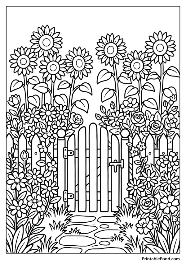 A wooden garden gate is surrounded by sunflowers, roses, and other flowers, with a stone path leading through.