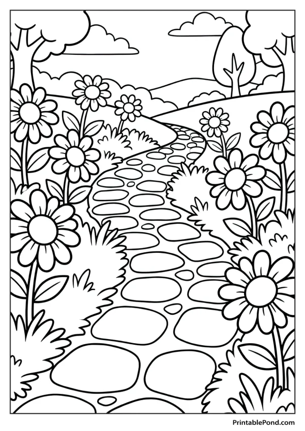 A cobblestone garden path winds through a landscape with large daisy-like flowers and bushes.