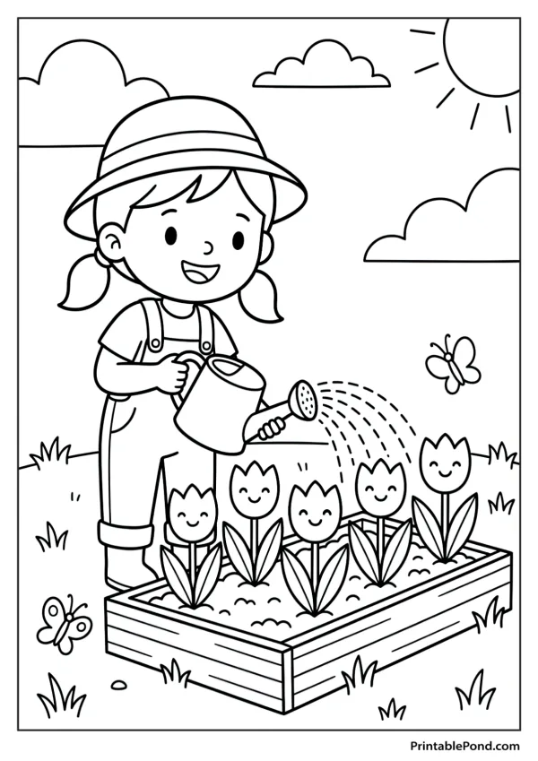 A happy cartoon girl wearing a hat and overalls waters smiling tulips in a garden bed.