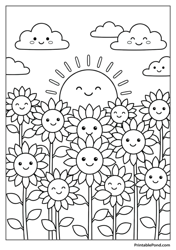 Smiling cartoon sunflowers and sun with happy clouds in a field, line art for coloring.
