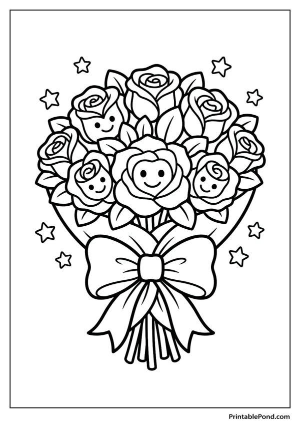 A line drawing of a bouquet of roses with smiling faces, tied with a bow and surrounded by stars.
