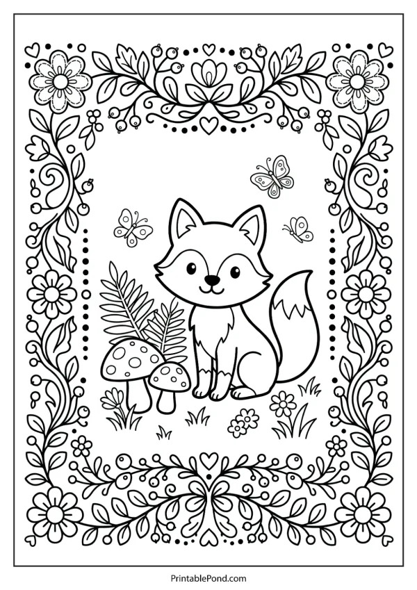 A cute cartoon fox sits in grass with mushrooms and butterflies around it, framed by flowers and vines.