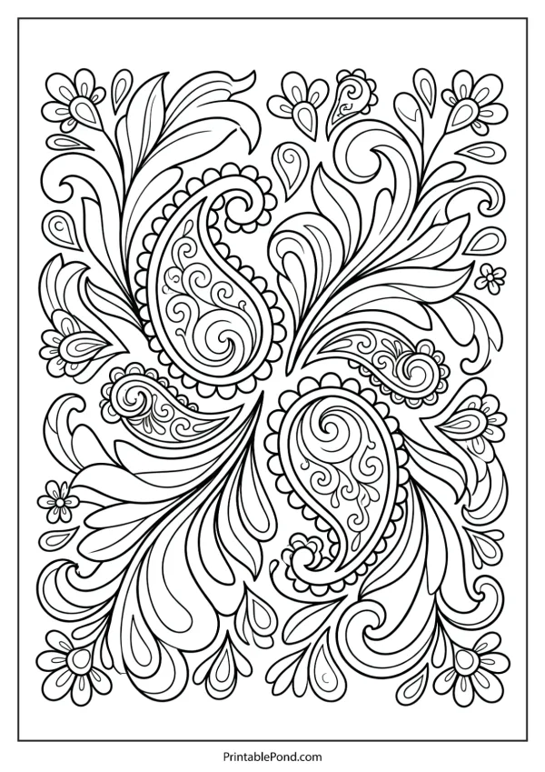 Intricate paisley and floral pattern with swirling leaves and small flowers in a symmetrical design.