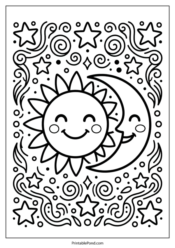 A happy sun and moon face each other surrounded by stars and decorative swirls in a folk art style.