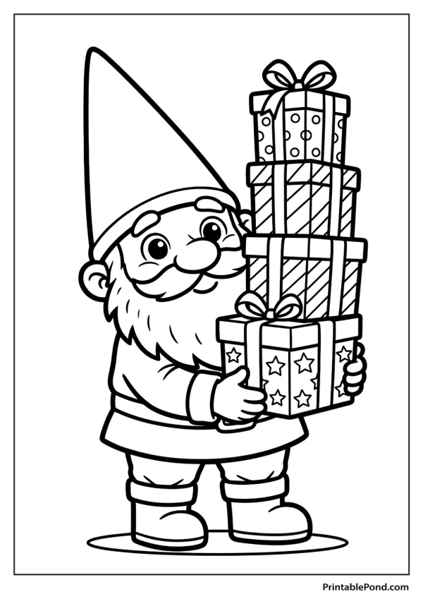 A cartoon gnome wearing a tall hat and boots holds a stack of wrapped gift boxes tied with bows.