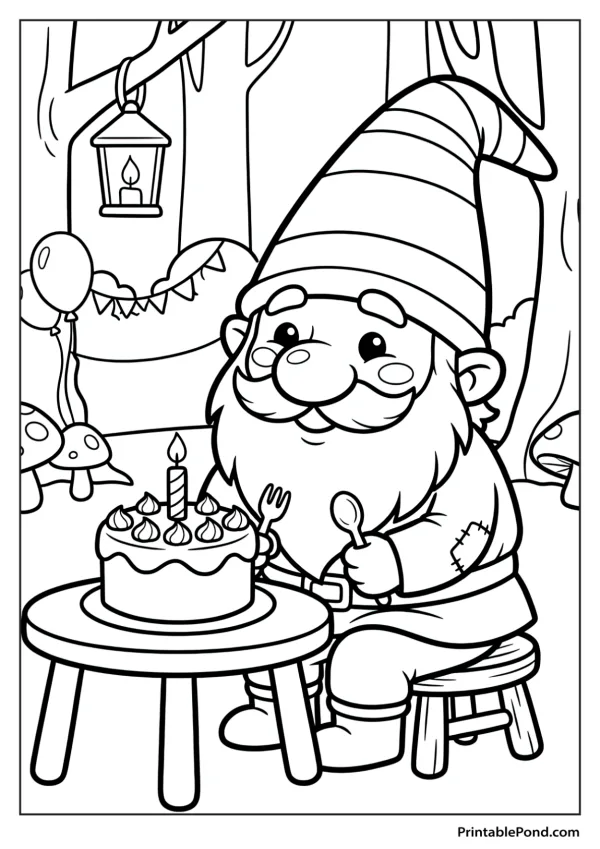 A cartoon gnome with a striped hat sits at a small table with a birthday cake, holding a spoon and fork.