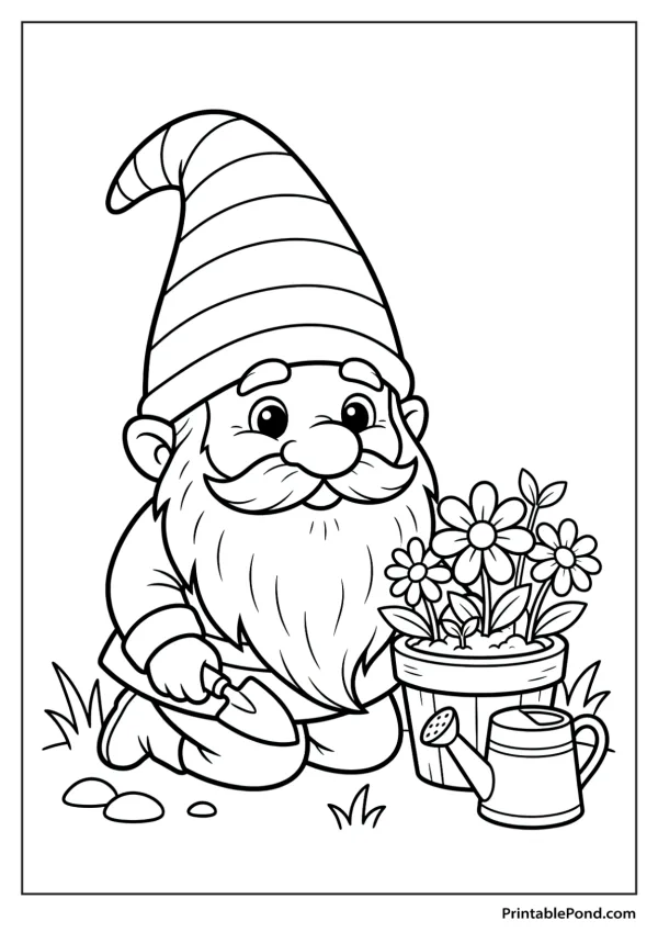 A smiling gnome with a striped hat kneels in the grass holding a trowel next to a potted plant.