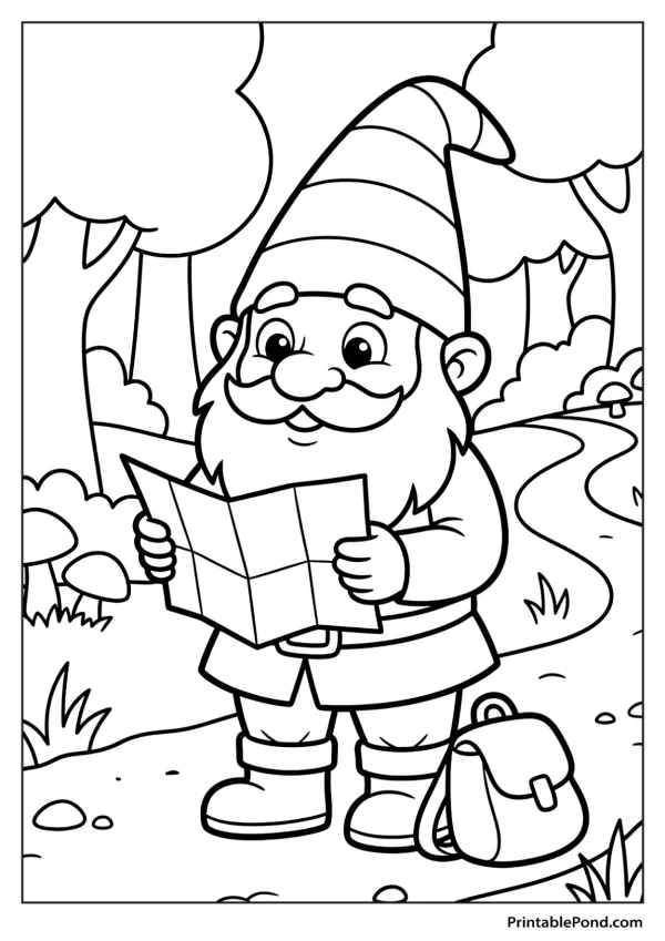 A cartoon gnome with a beard and pointy hat holds a folded map while standing in a forest.