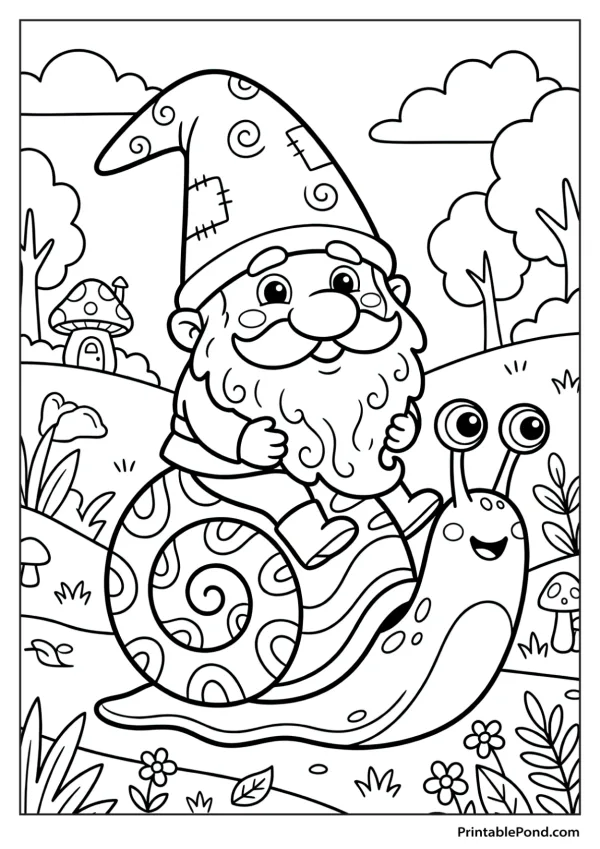 A gnome with a pointed hat and beard rides on the shell of a smiling snail in a garden scene.