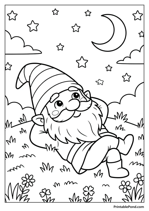A cute gnome with a striped hat sits in grass looking up at the moon and stars.